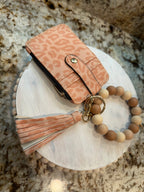 Wristlet ID Badge Zipper Pouch Keychain Cheetah Peach