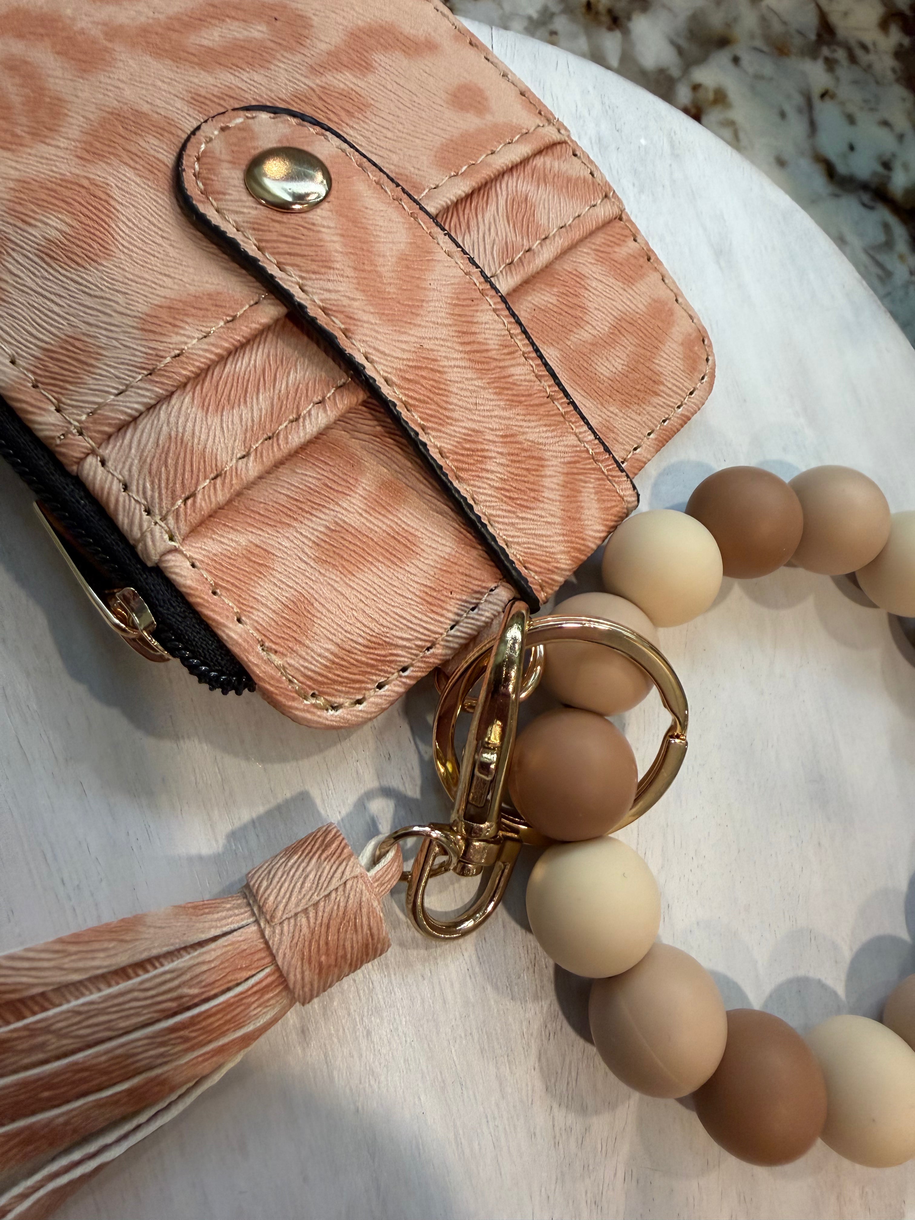 Wristlet ID Badge Zipper Pouch Keychain Cheetah Peach