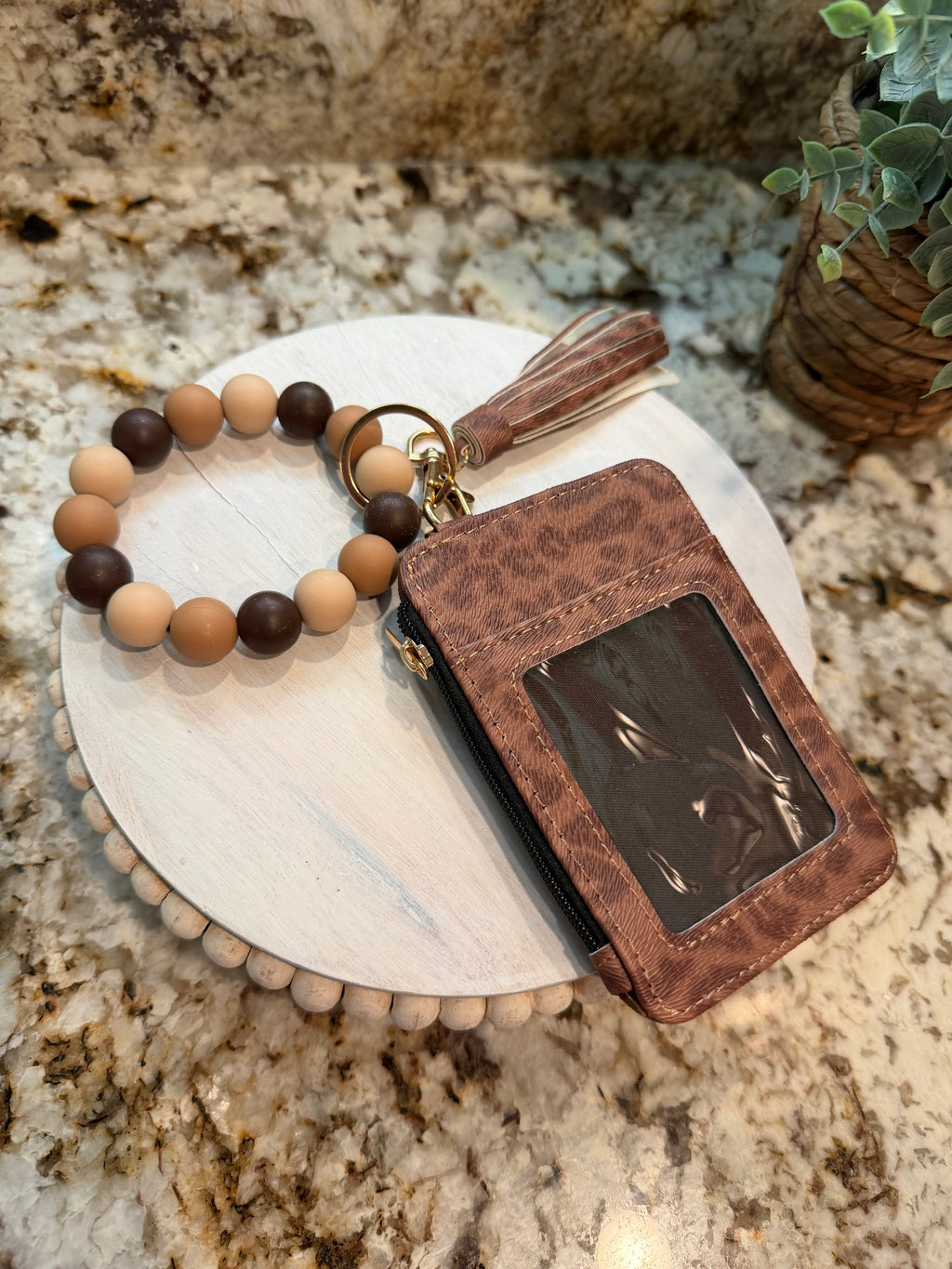 Wristlet ID Badge Zipper Pouch Keychain Brown Cheetah