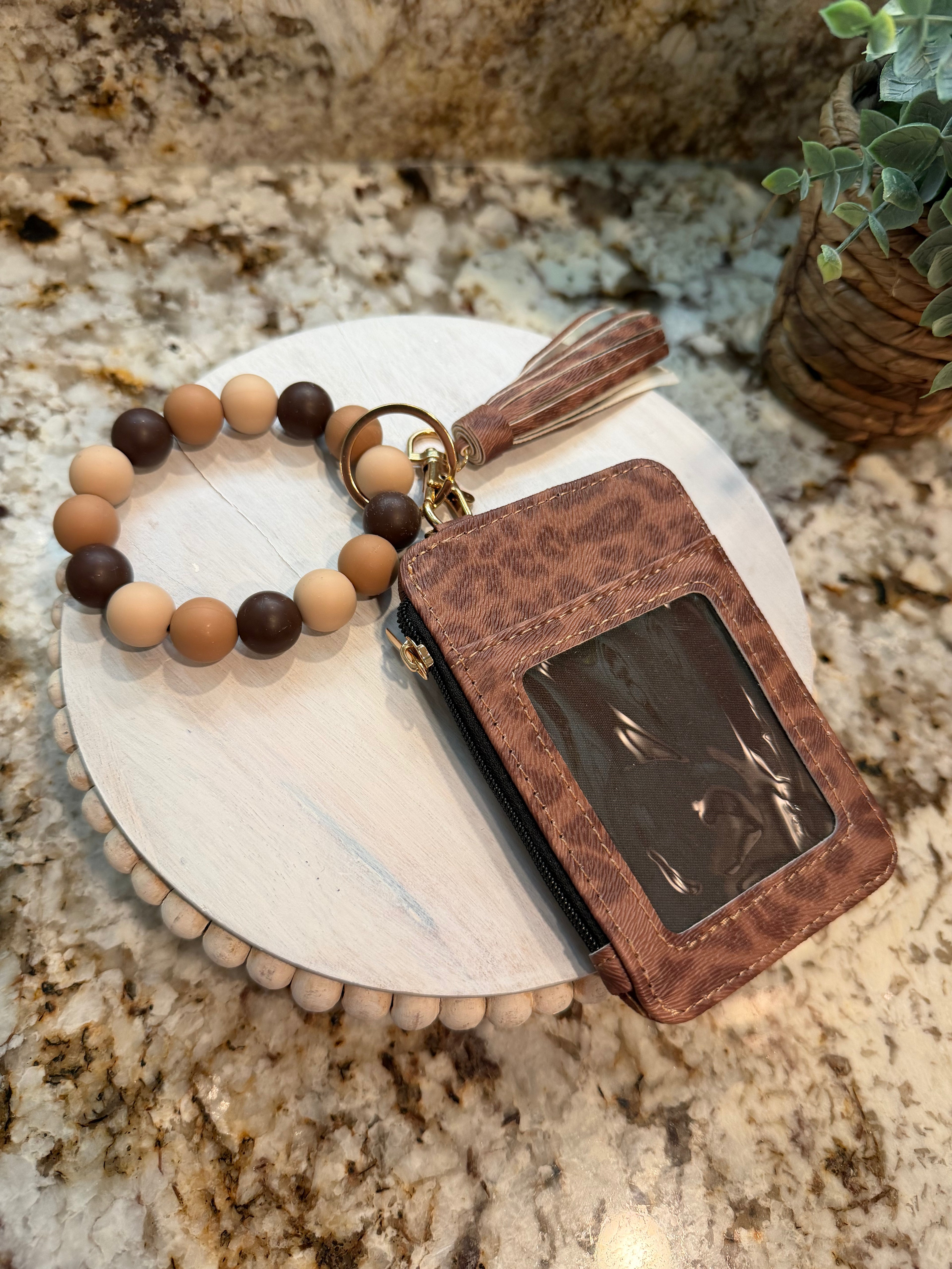 Wristlet ID Badge Zipper Pouch Keychain Brown Cheetah