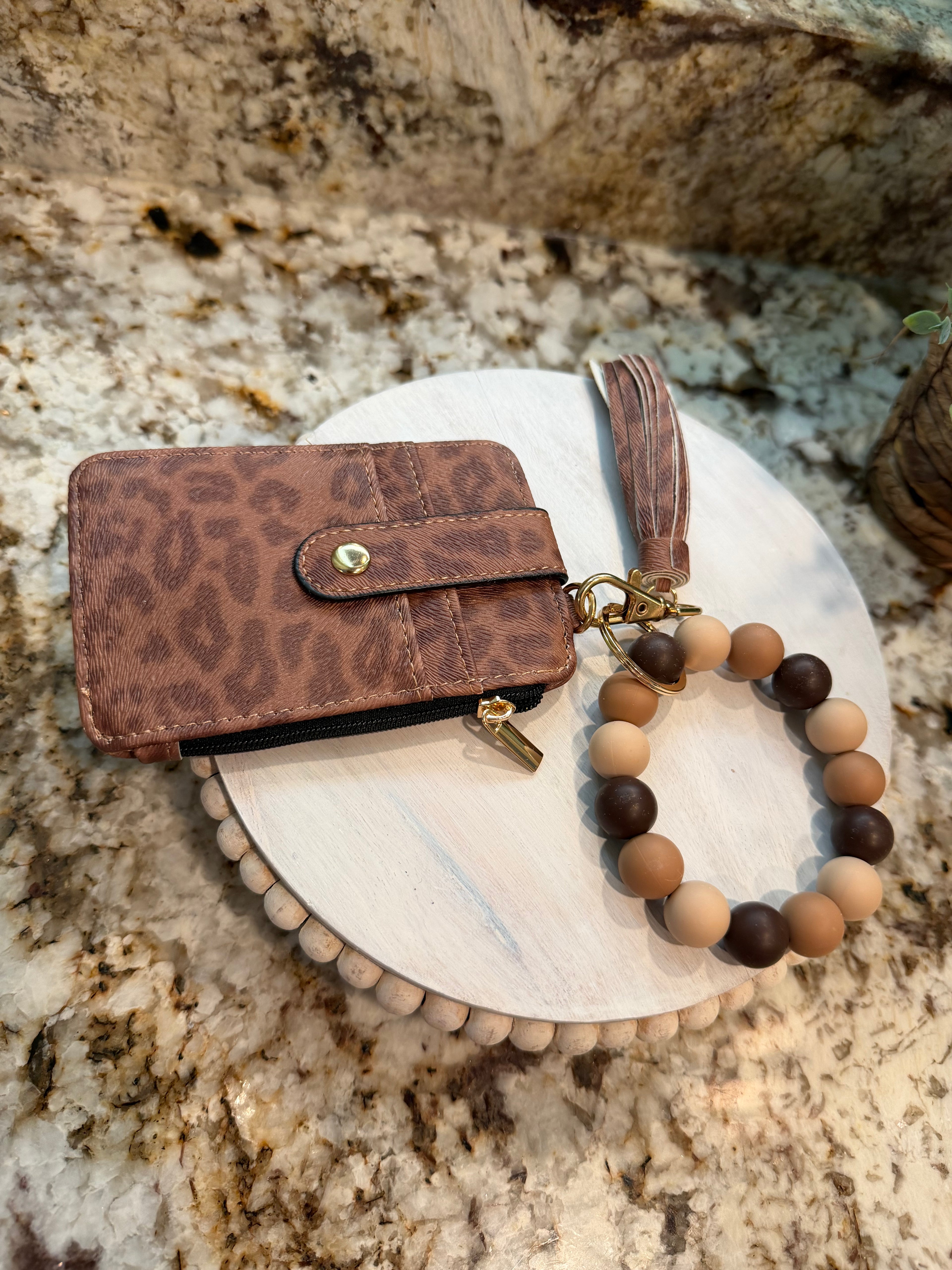 Wristlet ID Badge Zipper Pouch Keychain Brown Cheetah