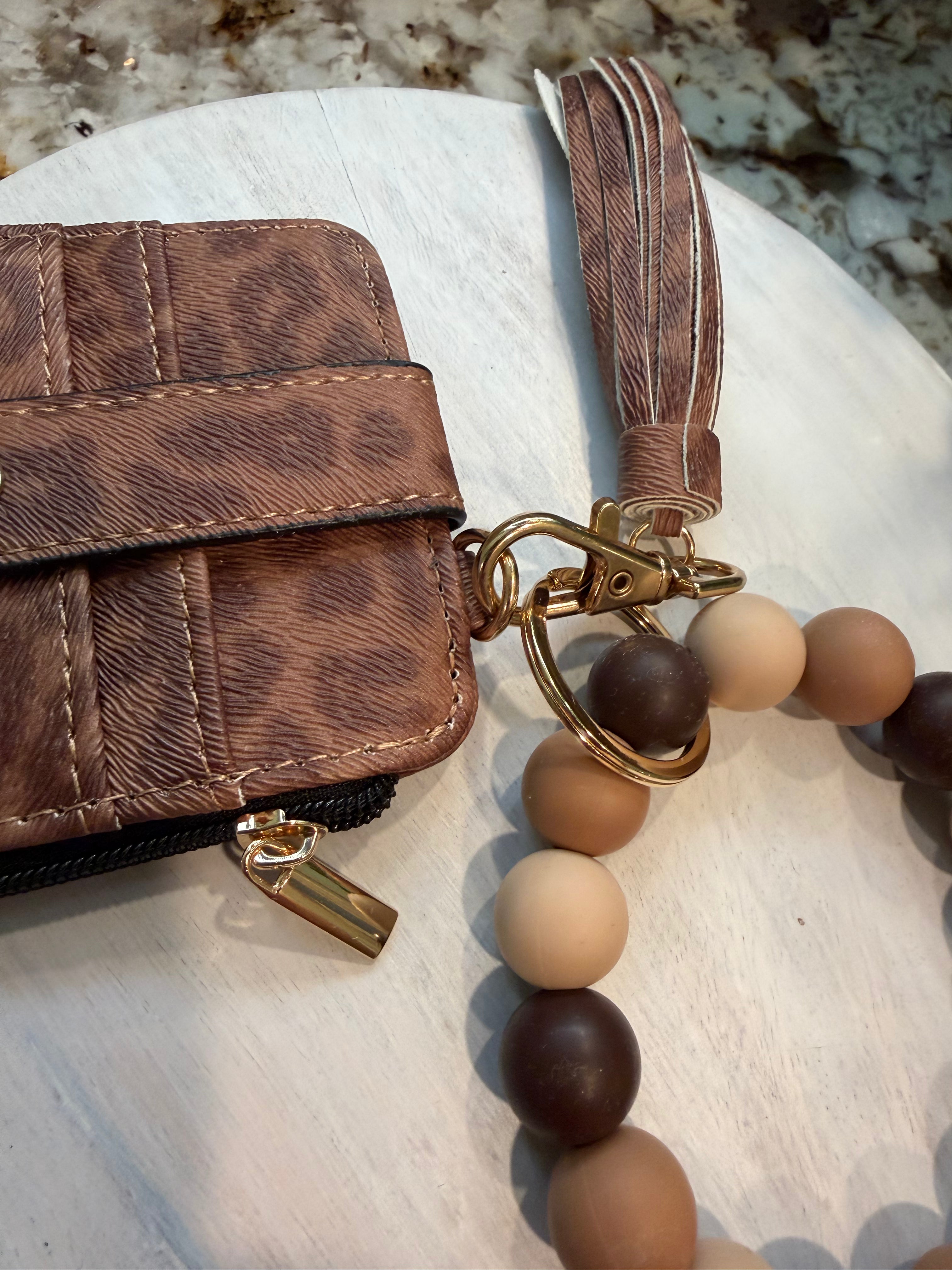 Wristlet ID Badge Zipper Pouch Keychain Brown Cheetah