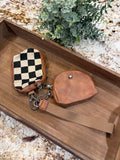 Wristlet 2 Zipper Pouch Keychain Brown Checker
