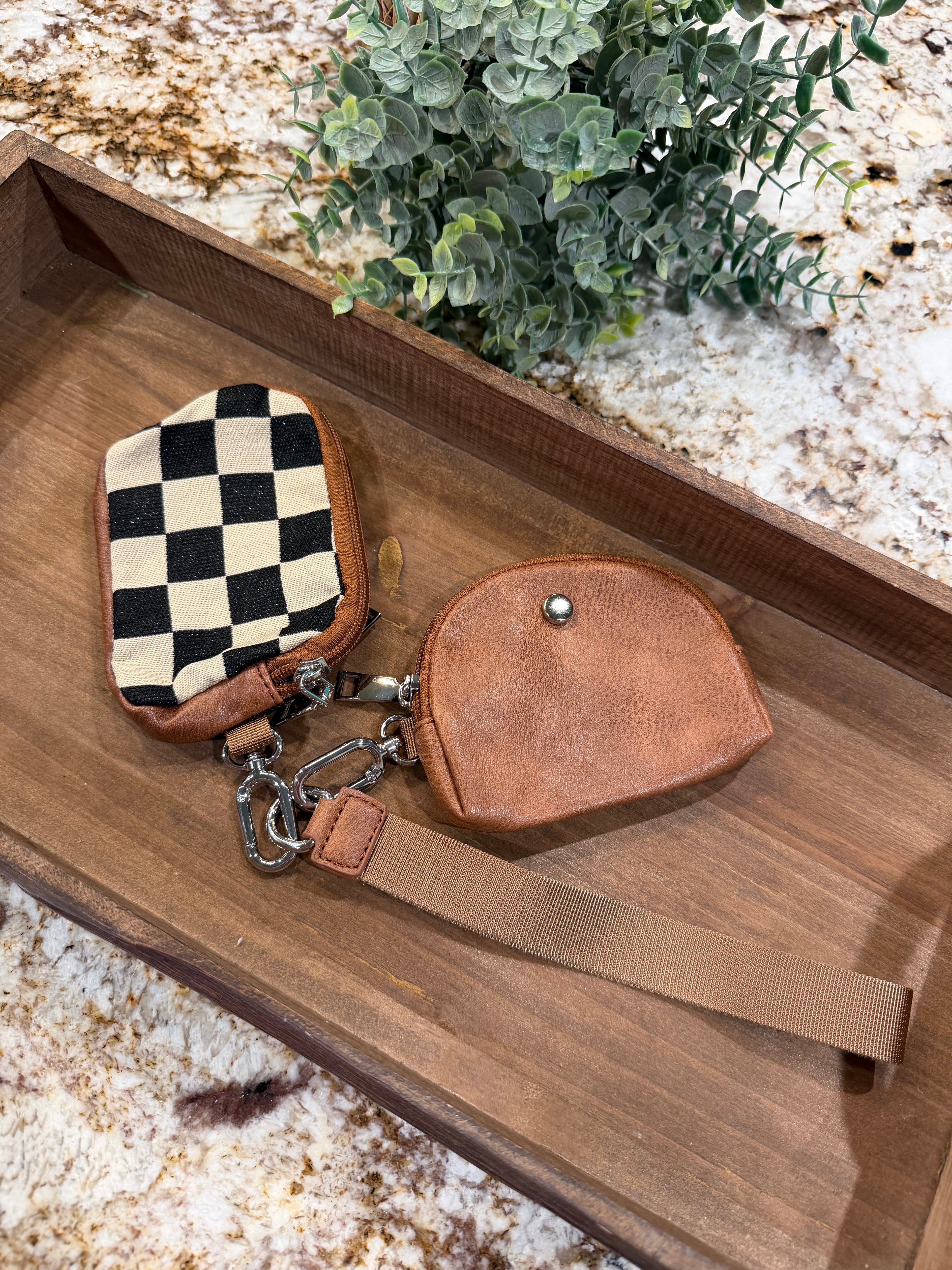 Wristlet 2 Zipper Pouch Keychain Brown Checker
