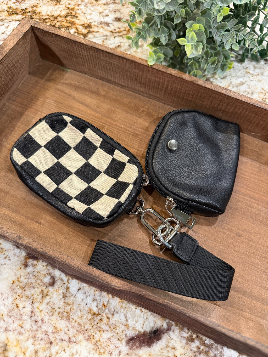 Wristlet 2 Zipper Pouch Keychain Black Checker