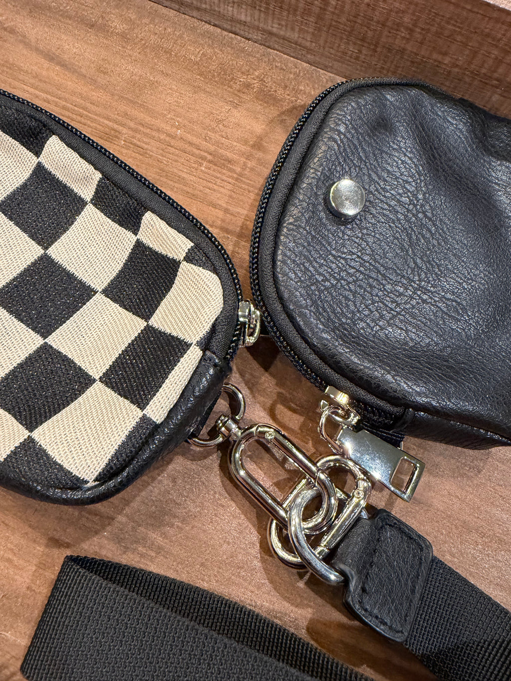 Wristlet 2 Zipper Pouch Keychain Black Checker