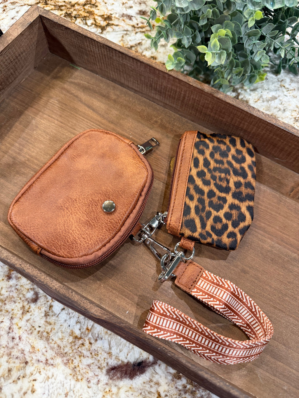 Wristlet 2 Zipper Pouch Keychain Brown Cheetah