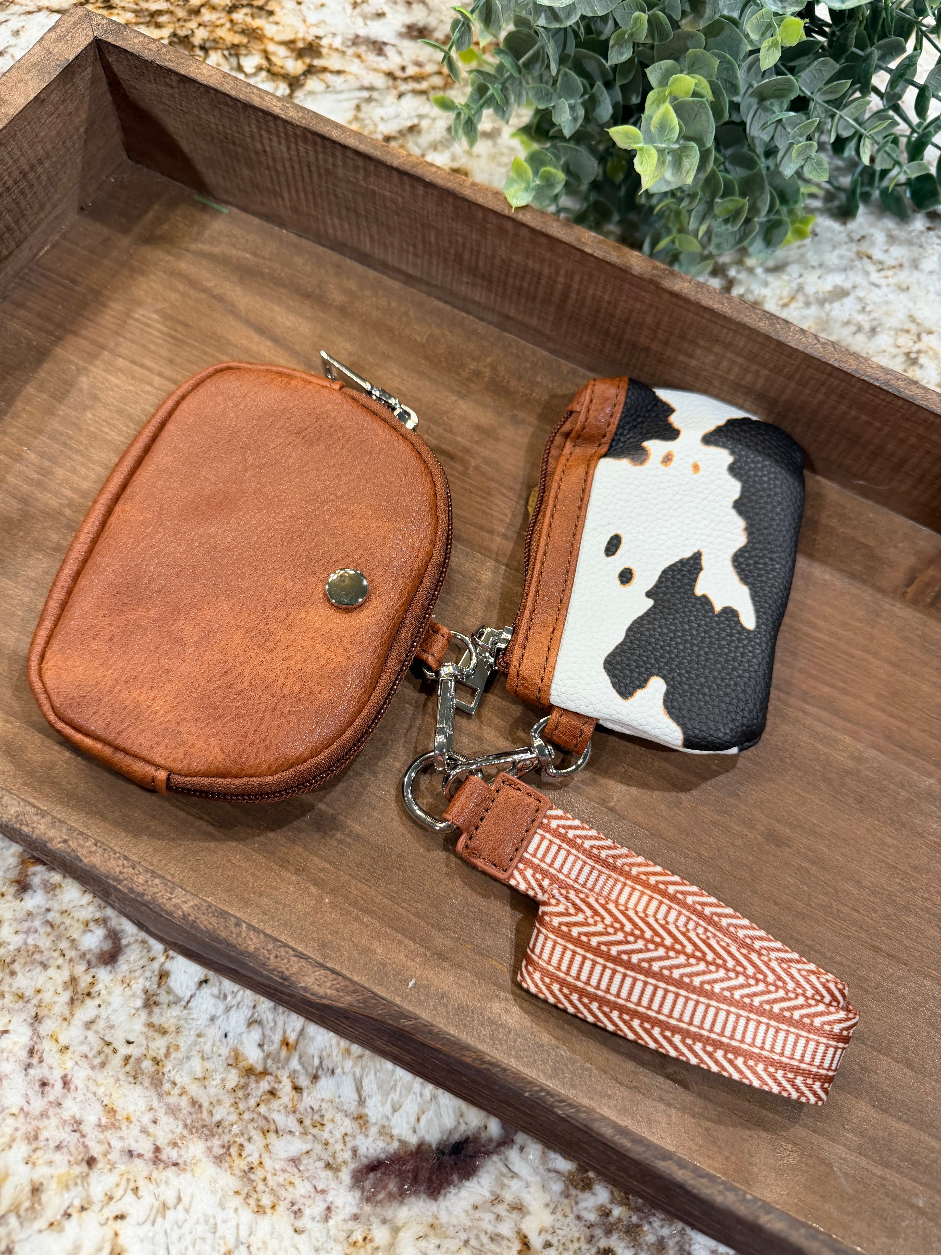 Wristlet 2 Zipper Pouch Keychain Brown Cow Print