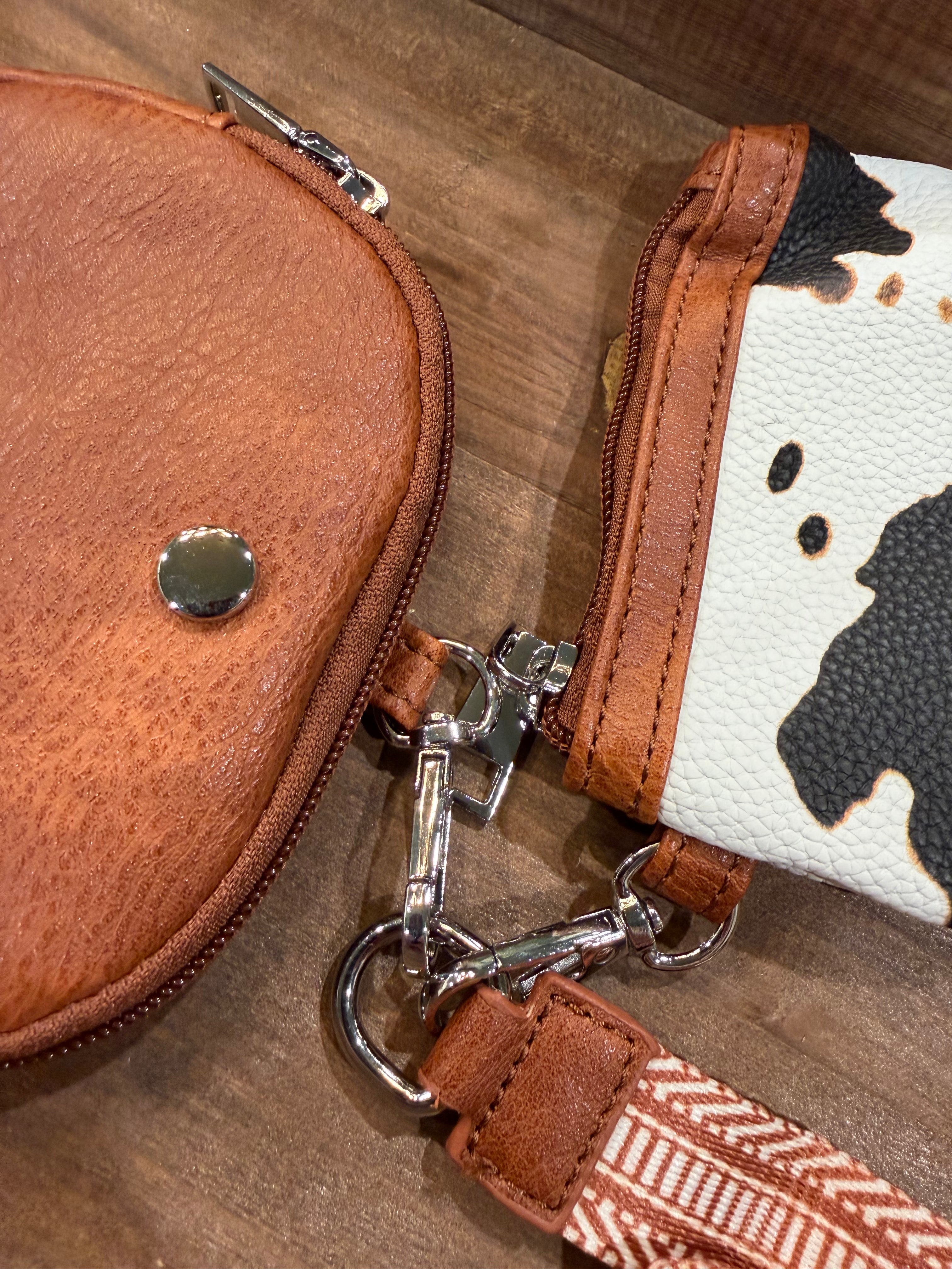Wristlet 2 Zipper Pouch Keychain Brown Cow Print