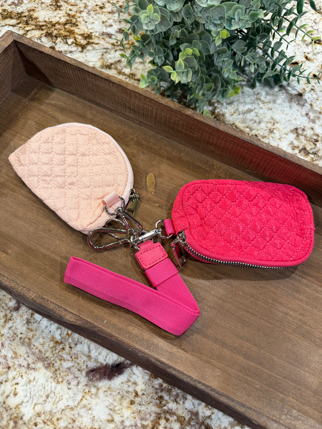 Wristlet 2 Zipper Pouch Keychain Quilted Pink