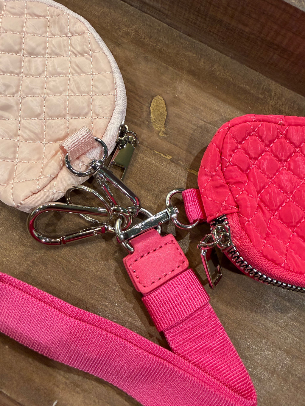 Wristlet 2 Zipper Pouch Keychain Quilted Pink