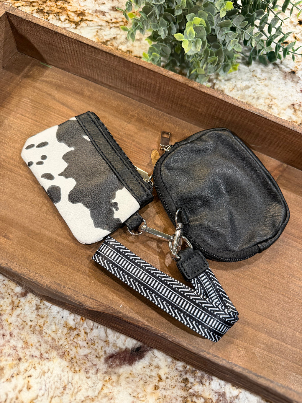 Wristlet 2 Zipper Pouch Keychain Black Cow Print