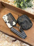 Wristlet 2 Zipper Pouch Keychain Black Cow Print