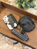 Wristlet 2 Zipper Pouch Keychain Black Cow Print