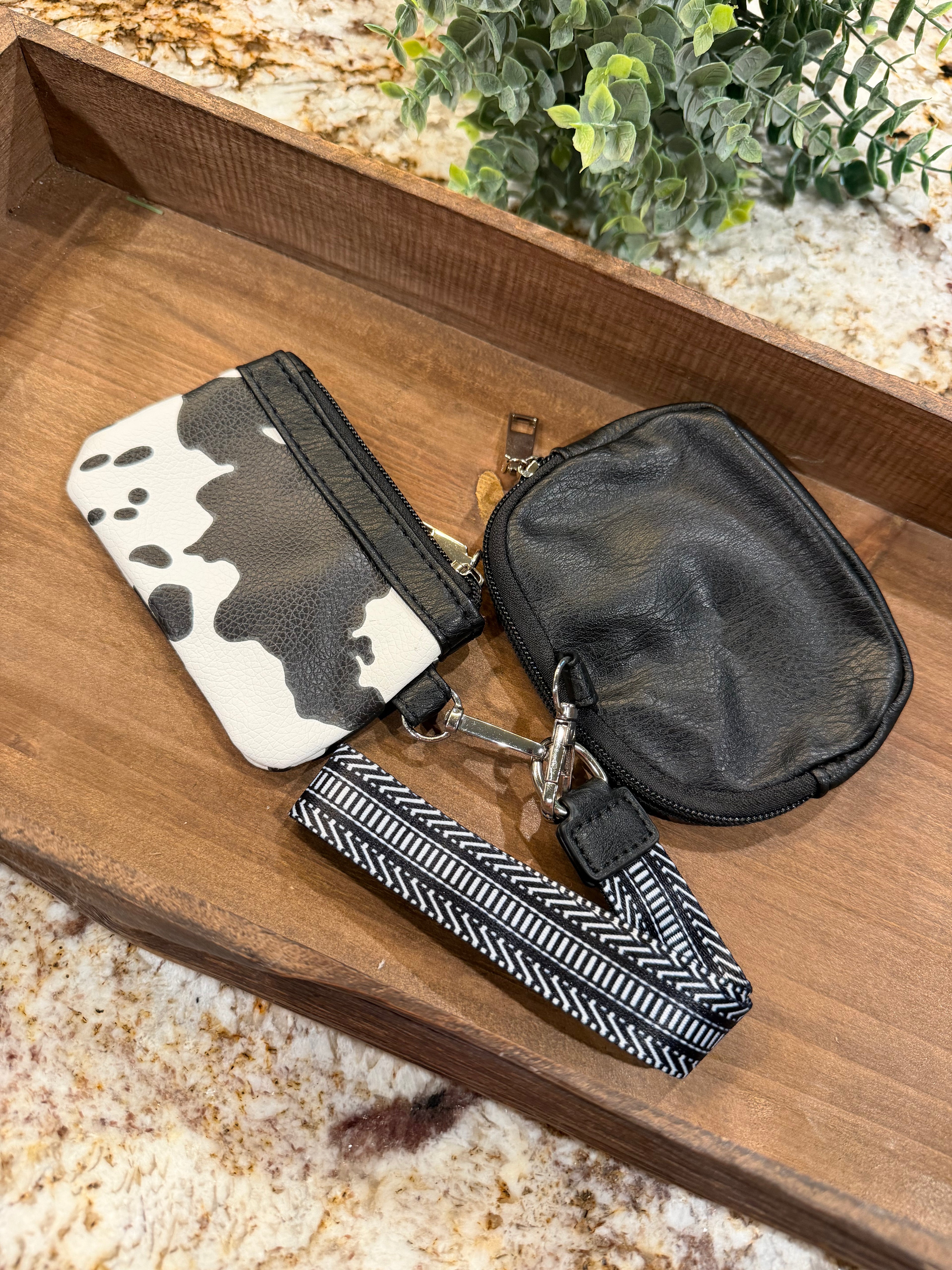 Wristlet 2 Zipper Pouch Keychain Black Cow Print