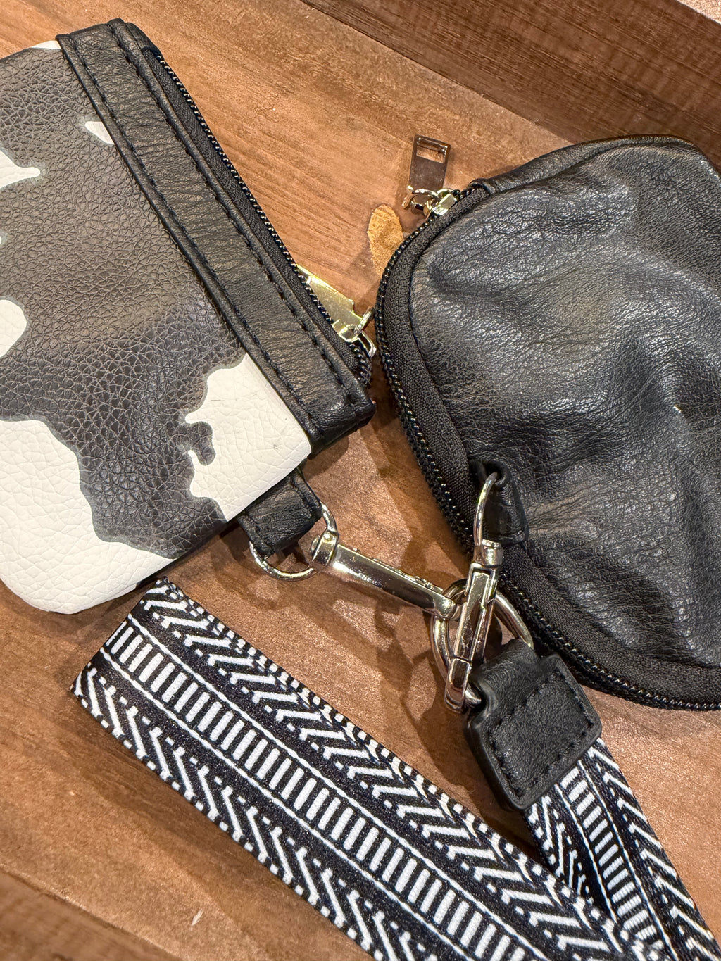 Wristlet 2 Zipper Pouch Keychain Black Cow Print