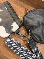 Wristlet 2 Zipper Pouch Keychain Black Cow Print