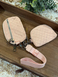 Wristlet 2 Zipper Pouch Keychain Quilted Baby Pink