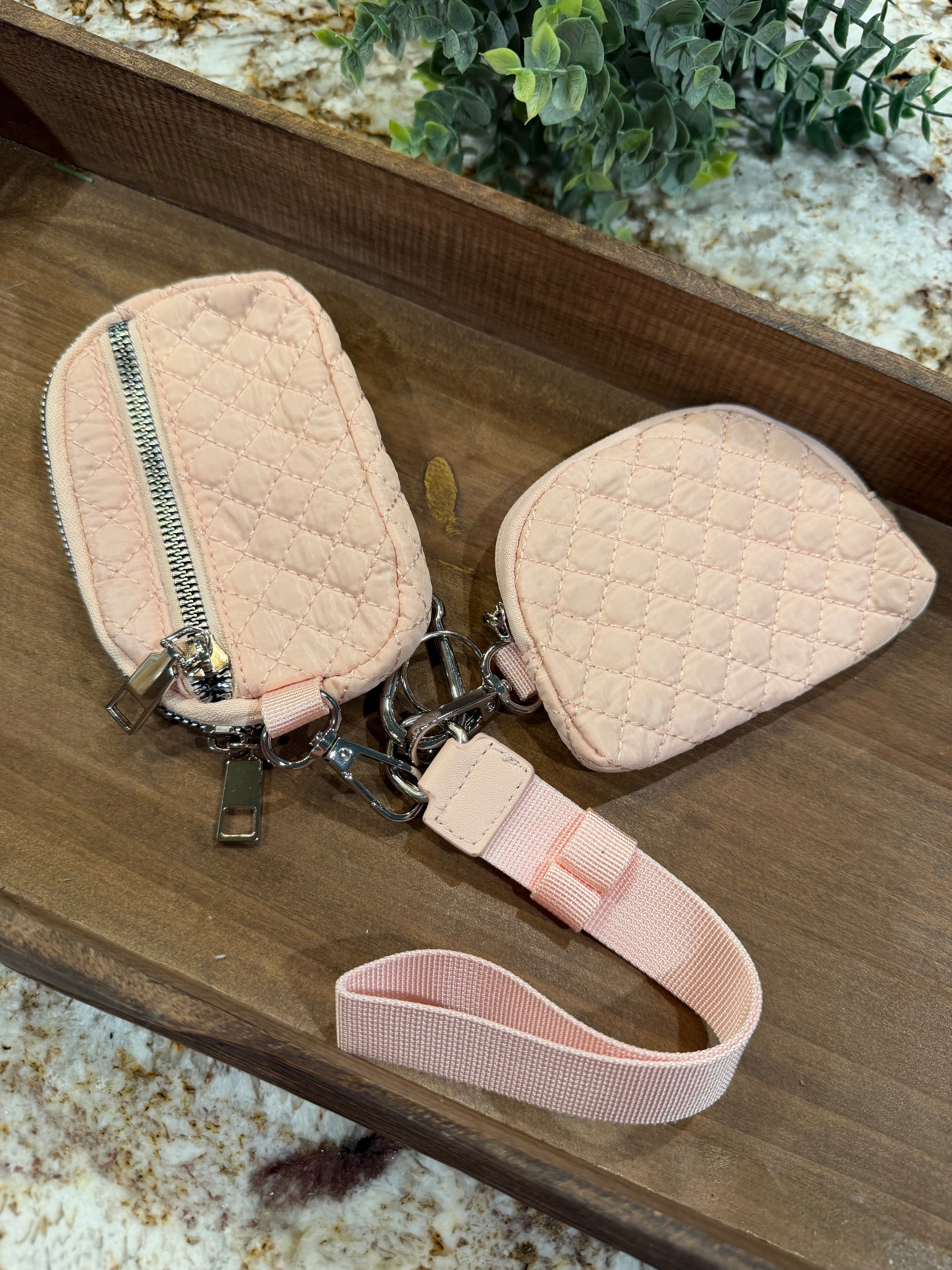 Wristlet 2 Zipper Pouch Keychain Quilted Baby Pink