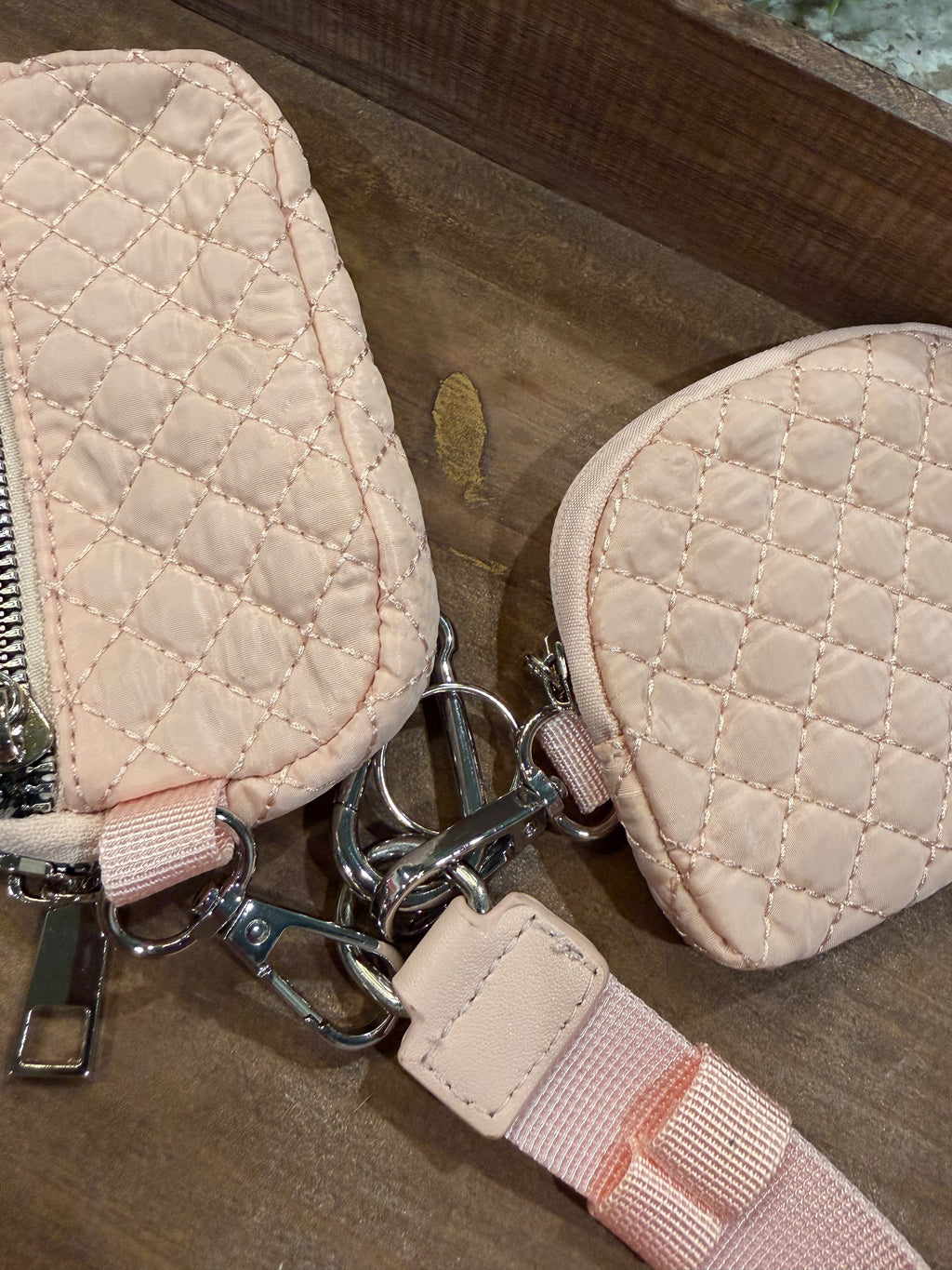 Wristlet 2 Zipper Pouch Keychain Quilted Baby Pink