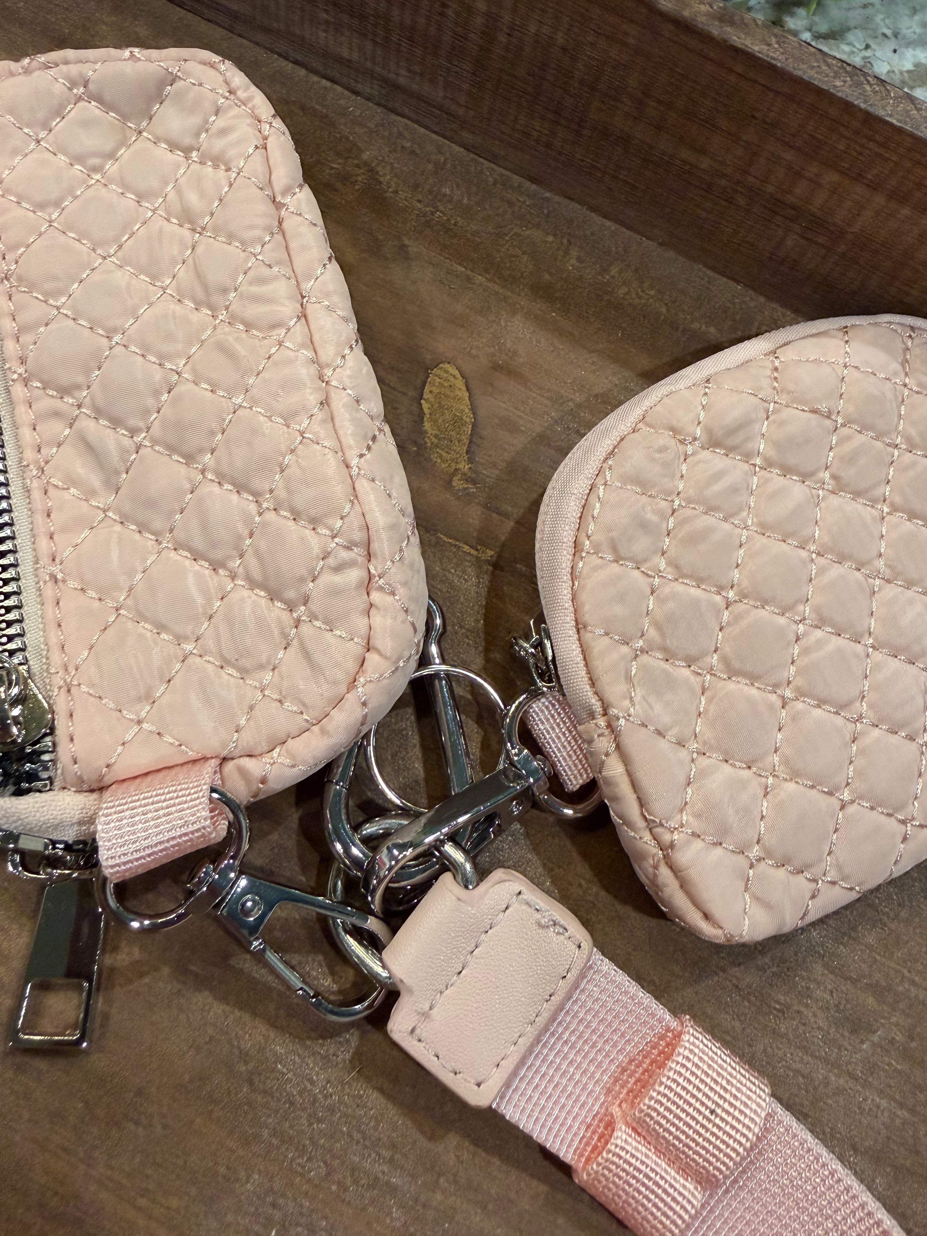 Wristlet 2 Zipper Pouch Keychain Quilted Baby Pink