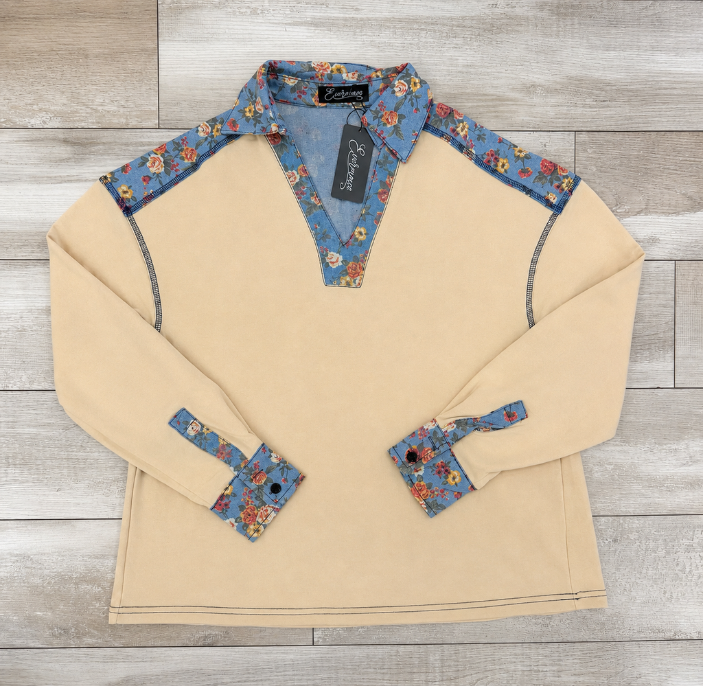 Evermmee Denim Floral Pullover Womens Top