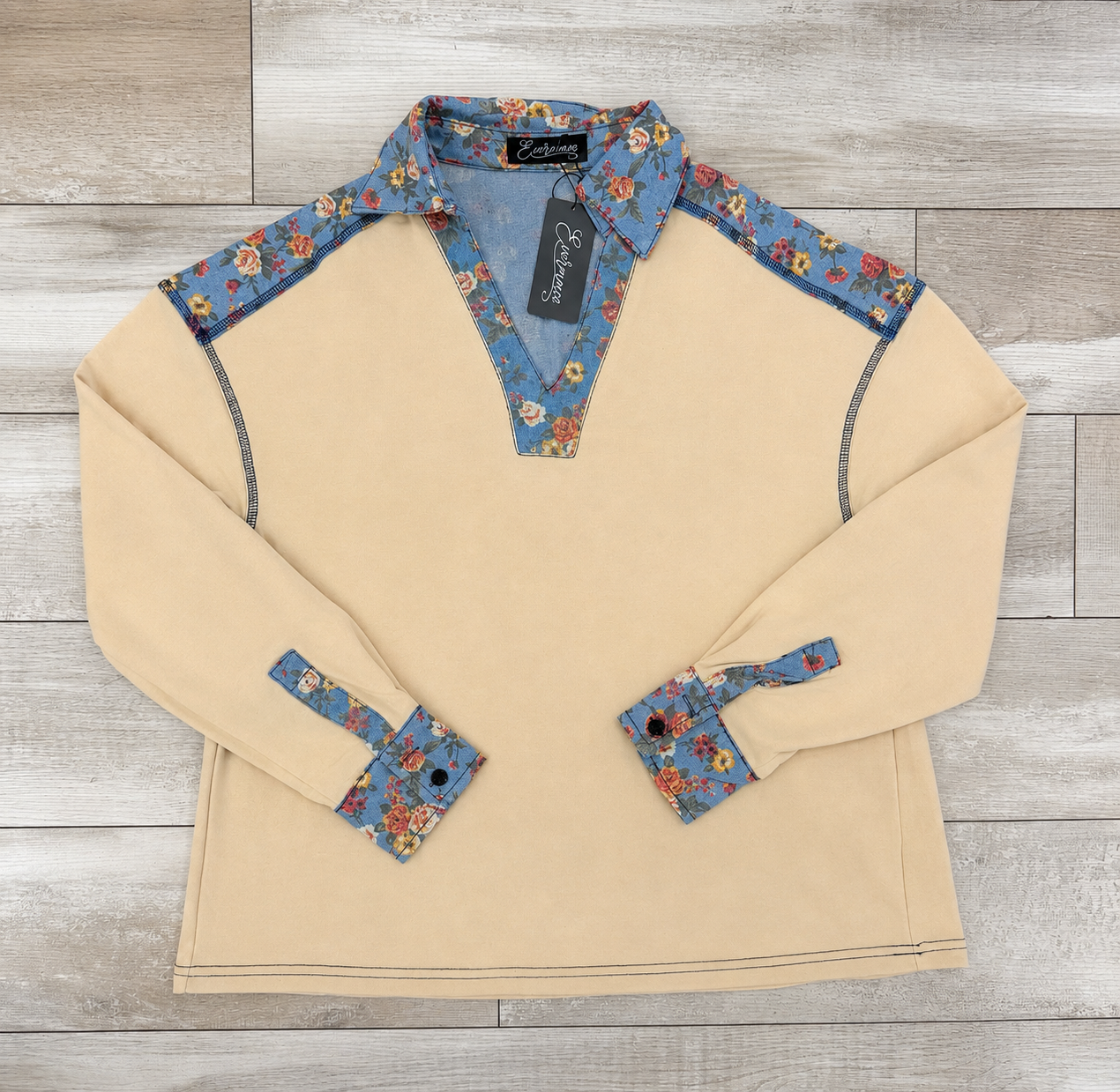 Evermmee Denim Floral Pullover Womens Top