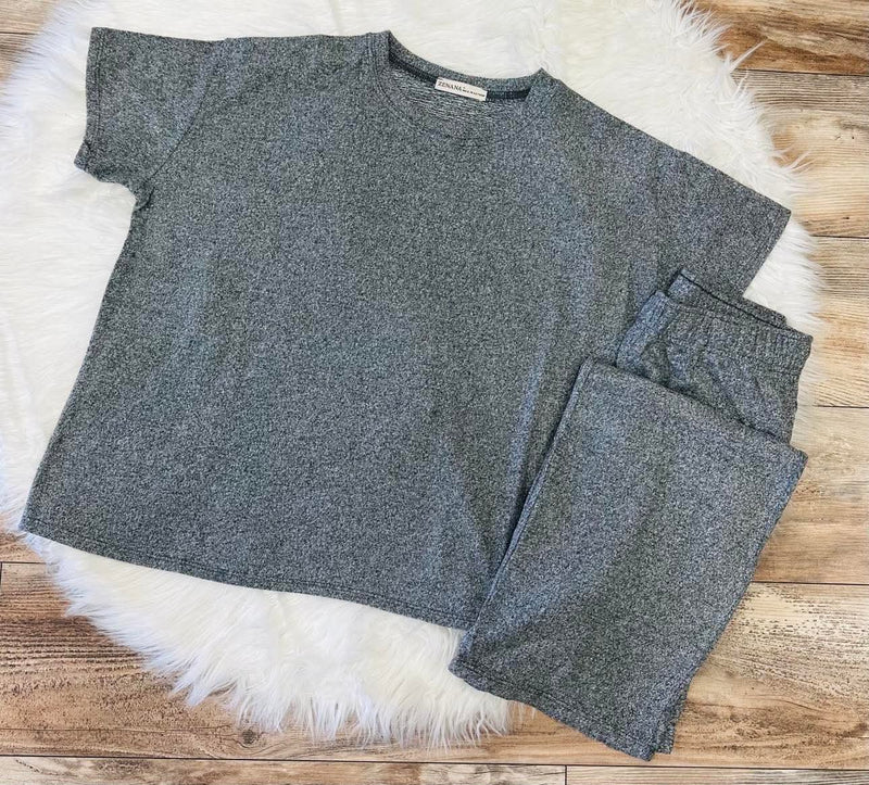 Black Soft Melange Short Sleeve Lounge Set