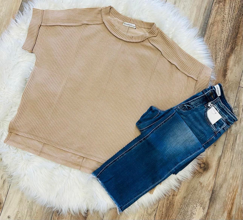 Cuff Sleeve Ribbed Top - Light Mocha