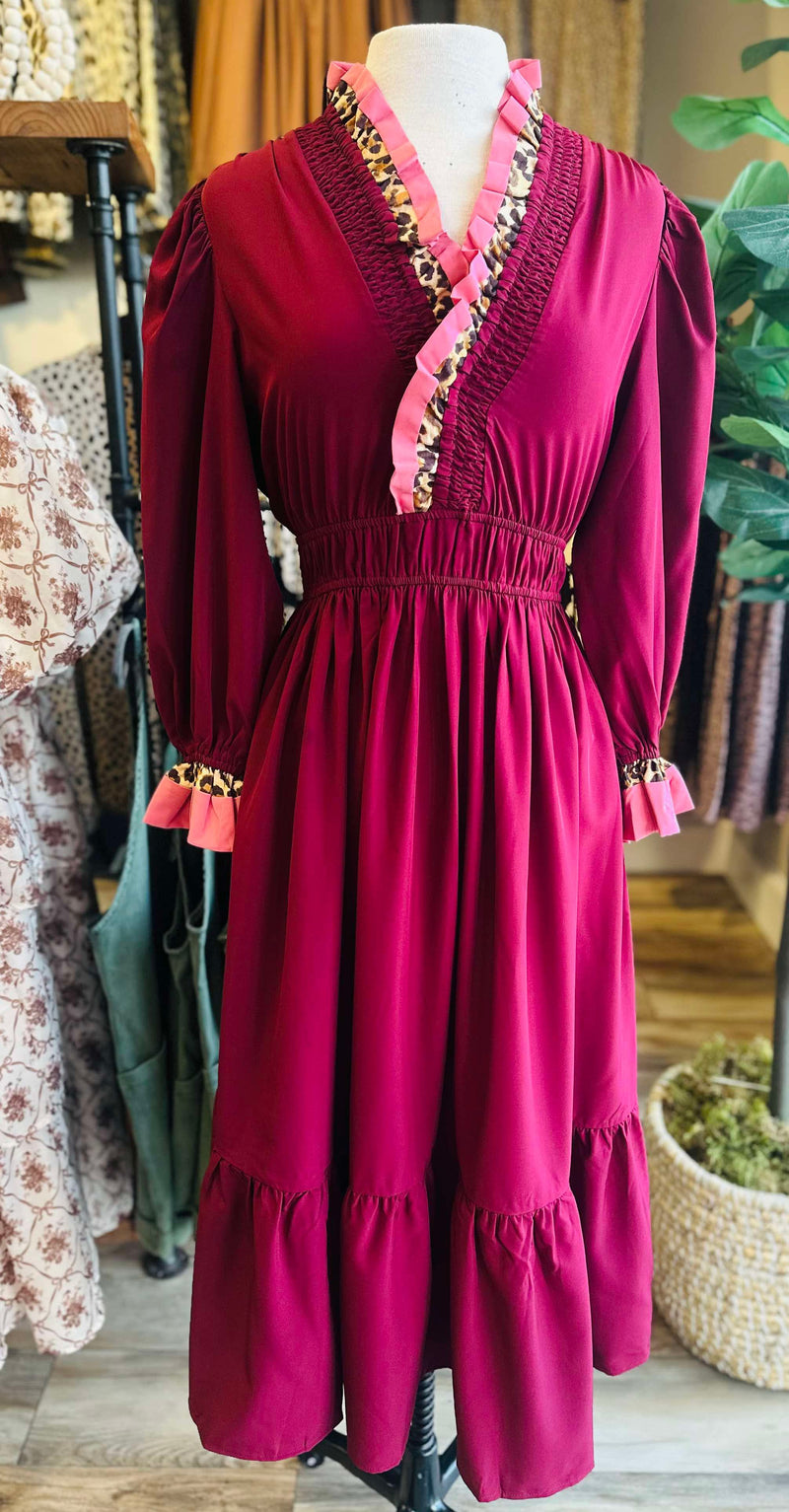Umgee Wine Cheetah Trim Dress
