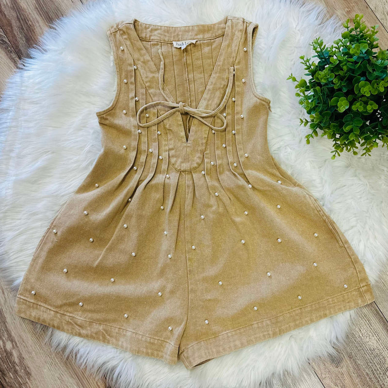 Tan Mineral Washed Pearl Accent Romper