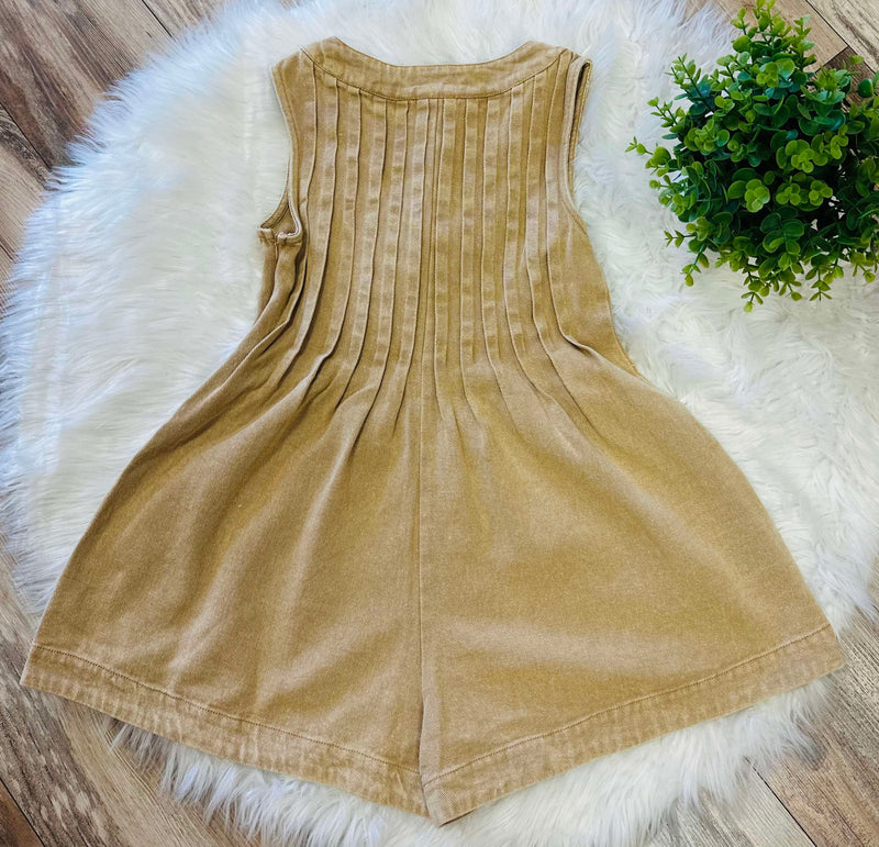Tan Mineral Washed Pearl Accent Romper