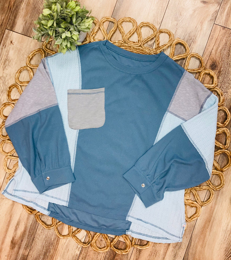 Blue Colorblock top with pocket