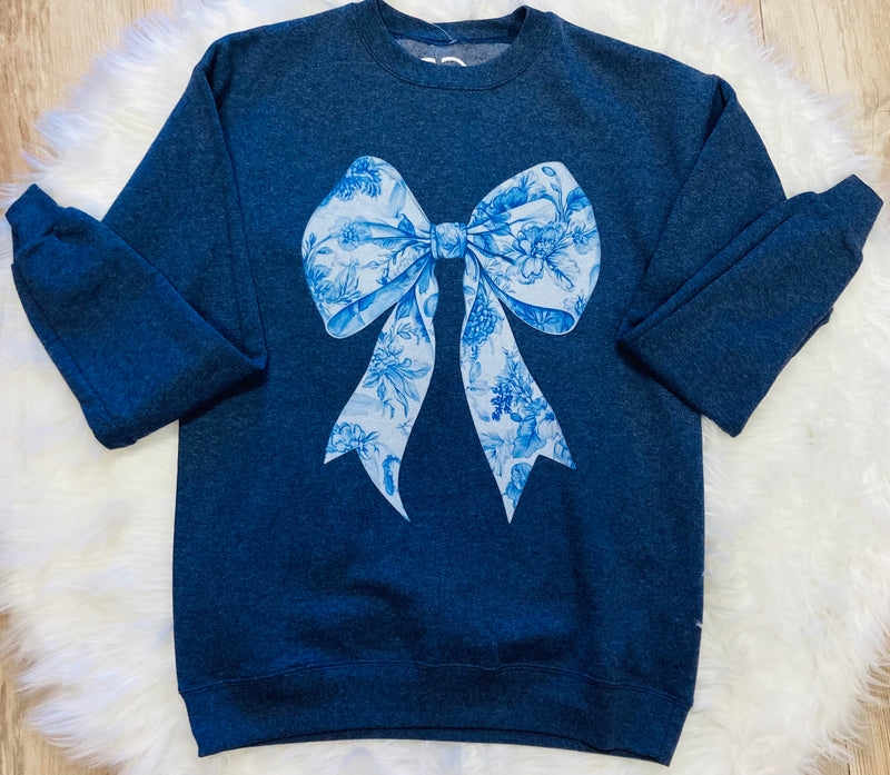 Blue Floral Bow Crewneck - Mini Mee Boutique