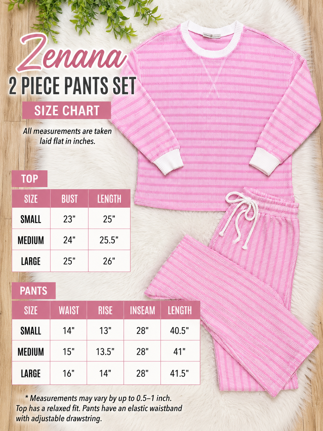 Women’s Zenana Candy Pink Striped Ribbed Pant Set