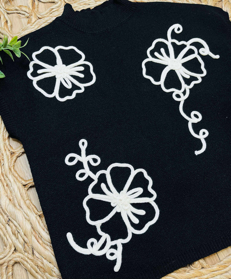 Mock Neck Black Floral Trim Sweater