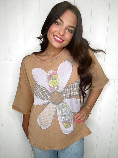 Easel Tan Flower Patch Top - Mini Mee Boutique