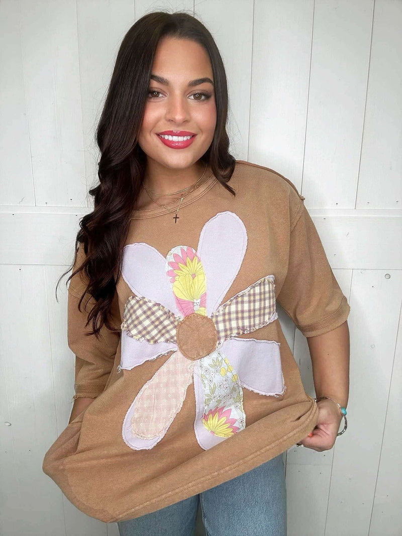 Easel Tan Flower Patch Top - Mini Mee Boutique