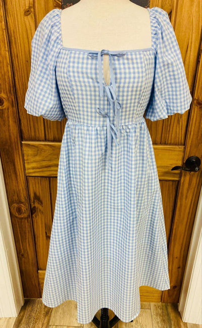 Women’s Light Blue Midi Gingham Dress - Mini Mee Boutique