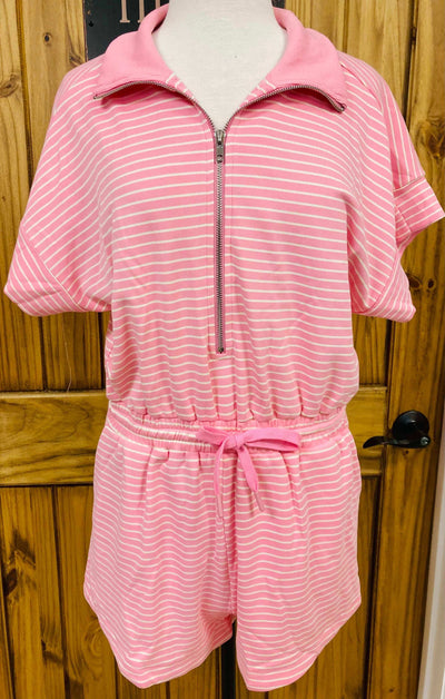 Umgee Pink and Cream Draw String Romper - Mini Mee Boutique