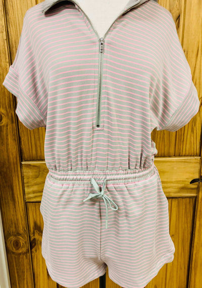 Umgee Grey and Pink Striped Draw String Romper - Mini Mee Boutique