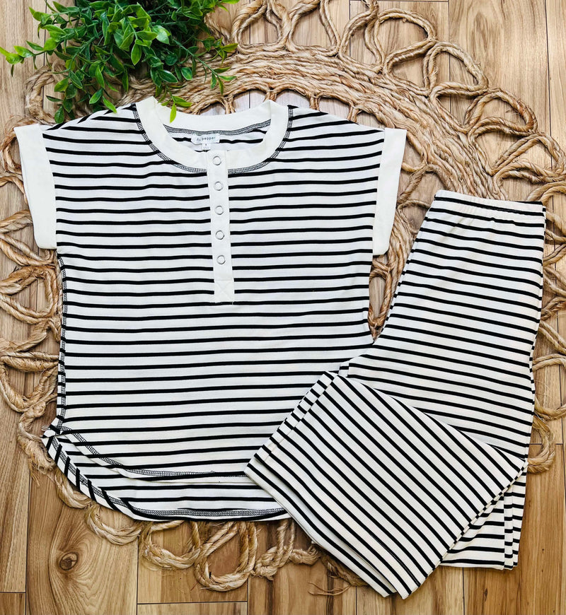 Black Stripe Button Top and pants Set