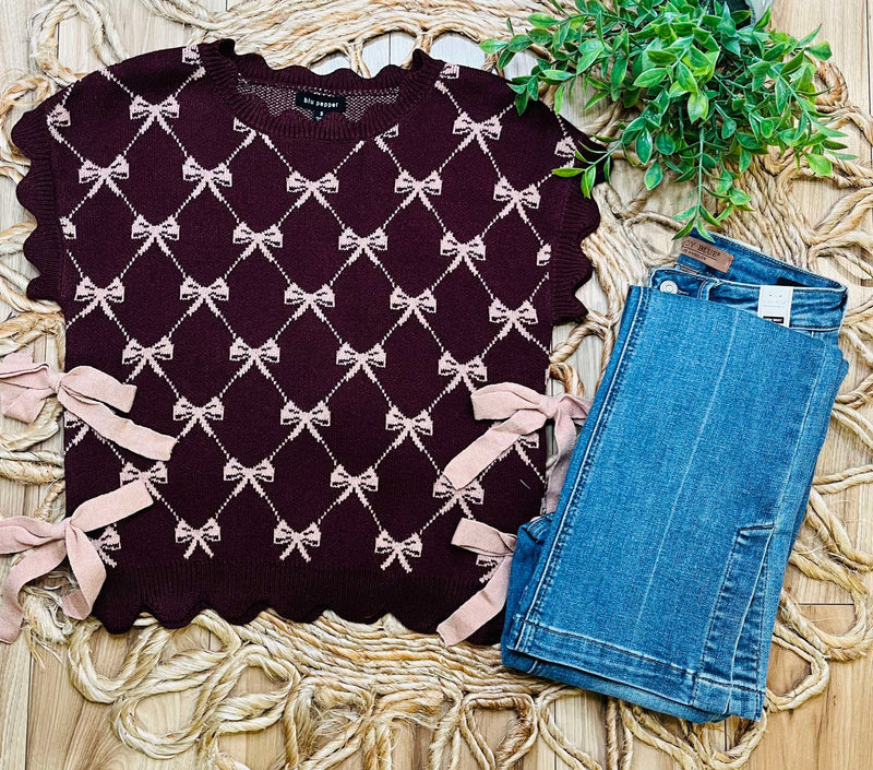 Burgundy Bow Pattern Sweater Top