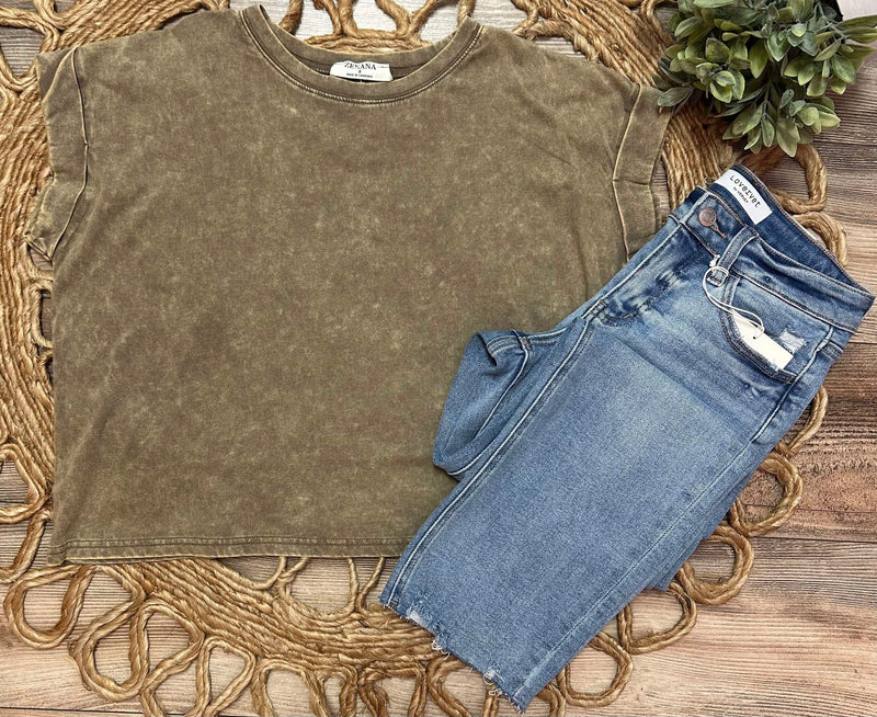 Zenana Dusty Green Acid Wash Top