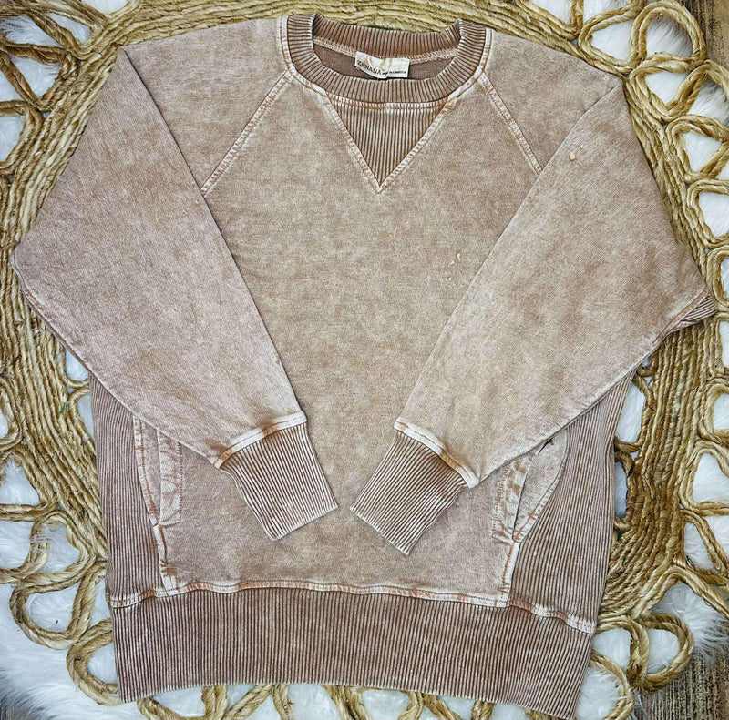 Zenana Tan Acid Wash Crewneck with Pockets
