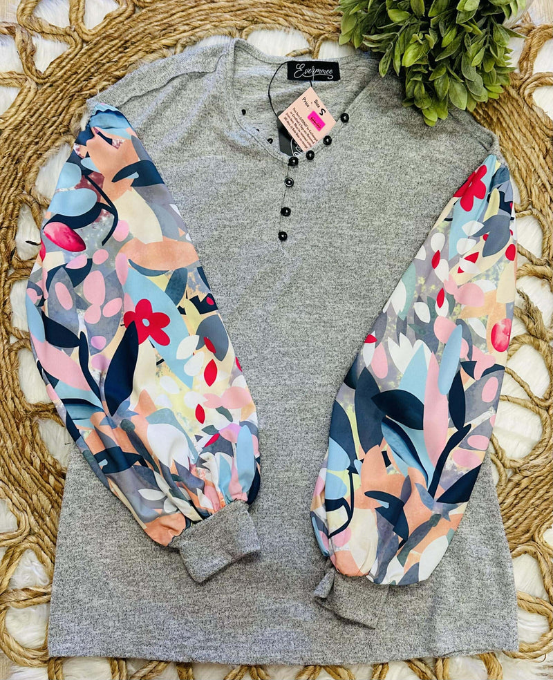 Women’s Evermmee Grey Top with Multicolor Floral Sleeves