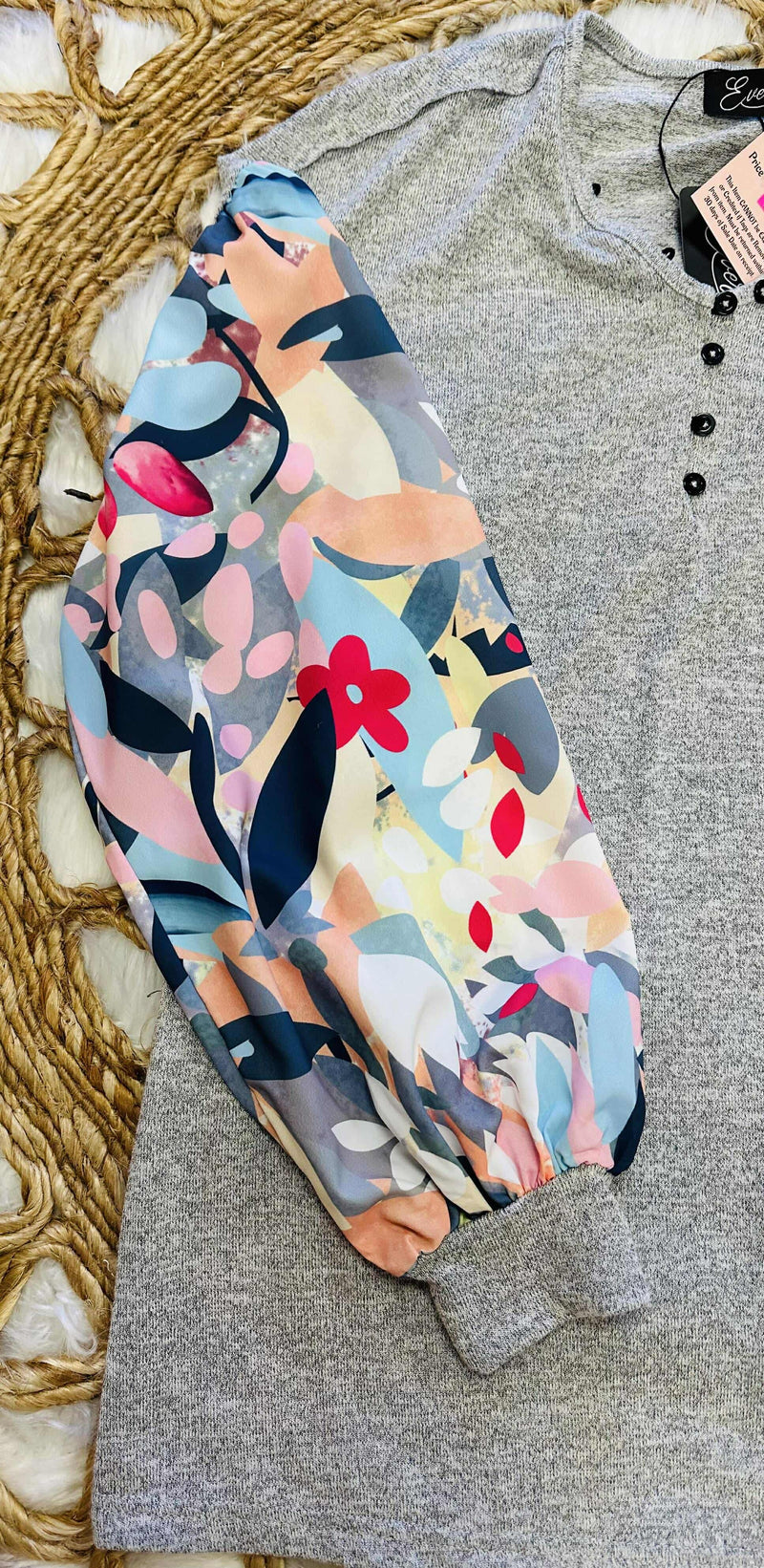 Women’s Evermmee Grey Top with Multicolor Floral Sleeves