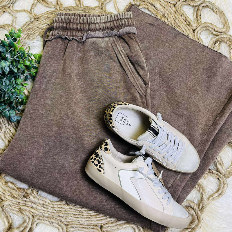 Mocha Acid Wash Fleece Palazzo pant with pockets