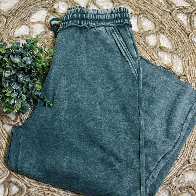 Dark Green Acid Wash Fleece Palazzo pant with pockets