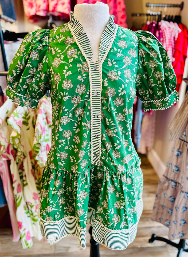 Green Split Neck Floral Button Dress